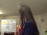 Sexy Japanese office babes sharing the new guy's big cock