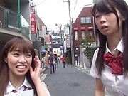 Schoolgirls share a monstrous stiff penis in a threesome