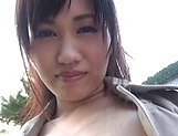 Hot Yui Katase gets outdoor fucked by two male hunks picture 2