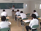 Japanese teacher Maijima Akari gives a blowjob in the classroom picture 1