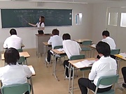 Japanese teacher Maijima Akari gives a blowjob in the classroom