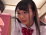 Curious Japanese schoolgirl in glasses Inaba Ruka giving a handjob picture 14