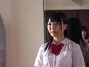 Curious Japanese schoolgirl in glasses Inaba Ruka giving a handjob