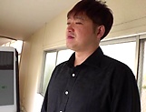 Busty Japanese wife sucks dick in the kitchen then swallows