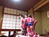 Superb Japanese hotties in kimonos tease and dominate a bald dude picture 11