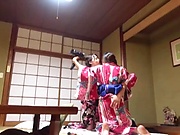 Superb Japanese hotties in kimonos tease and dominate a bald dude