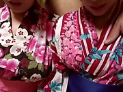 Superb Japanese hotties in kimonos tease and dominate a bald dude