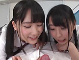 Two Japanese schoolgirls enjoy a mmf sex play
