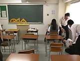 Crazy Japanese schoolgirl in glasses blows a pecker and fucks in pov picture 12