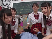 Young schoolgirls share a dick in class 