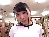 Glamorous Japanese schoolgirl with fantastic big tits fucks in the library picture 7